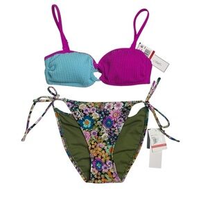 Salt + Cove Two Piece Bikini Set Blue Purple Top Floral Bottoms XS New